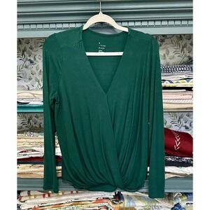 A New Day Size M Boho Blouse Cross Front V Neck Long Sleeve Emerald Green Sz M